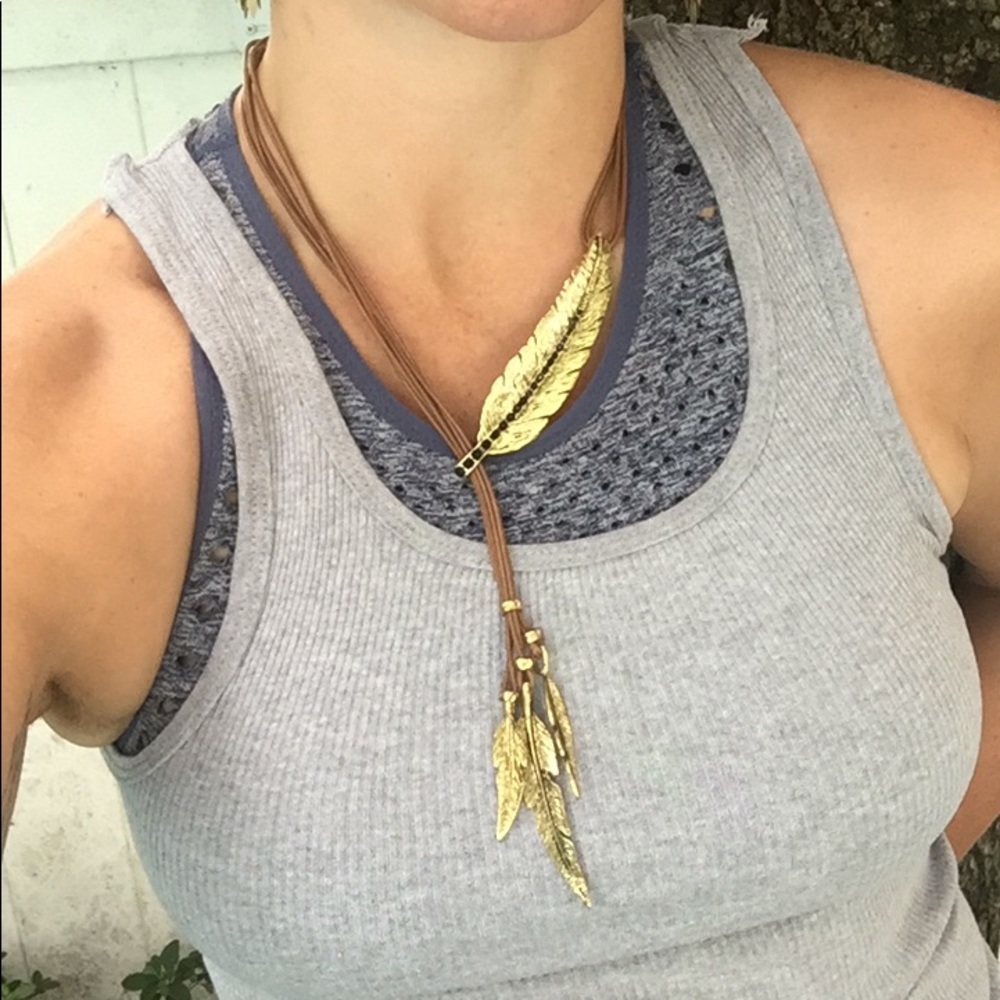 Gold feather lariat boho necklace